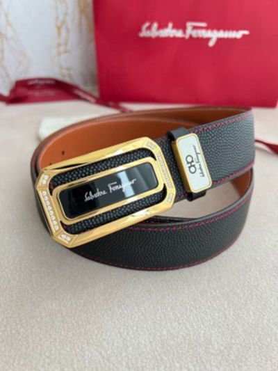1:1 Ferragamo  Black Leather Belt  with Gold  Logo buckle "日“Shape  Buckle 3.5cm